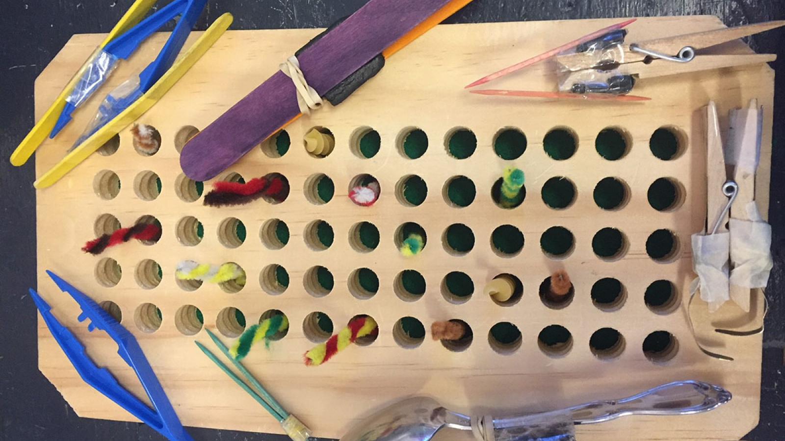 Photograph of a birds and beaks experiment where students use various made beaks (using spoons, toothpicks, tweezers) and try to pick up the most worms (made of pipe cleaners twisted together and raw pasta)