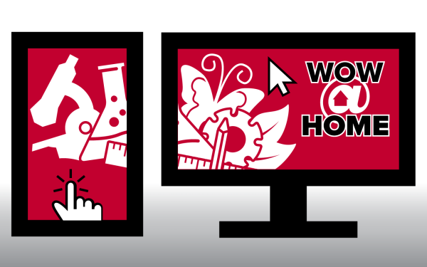 A logo of a tablet and a computer screen with WOW at Home logo on them 